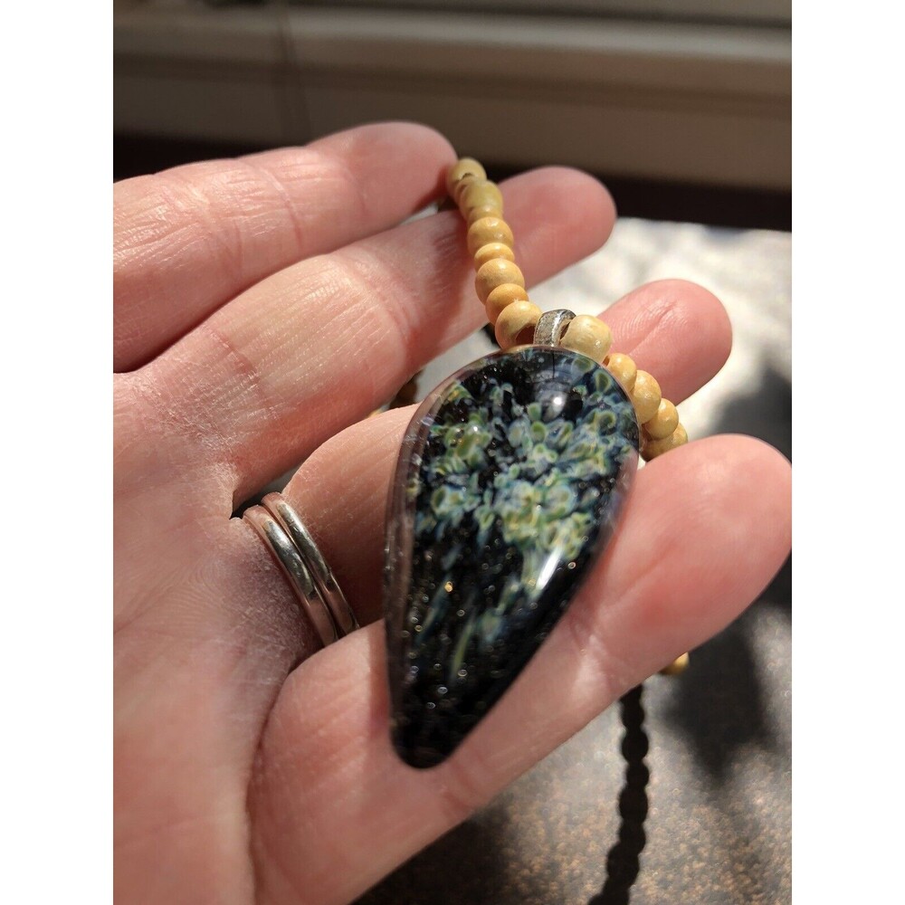 Boro Art Glass Pendant On 19" Wooden Bead Necklace Boho Style Artisan Made 2008 - Picture 10 of 14